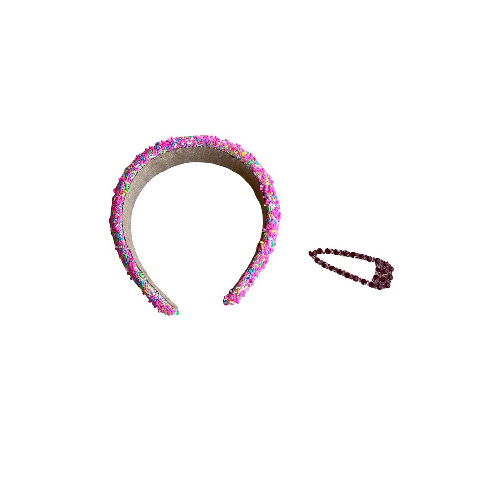 Pink Sprinkle Textured Headband and Purple Rhinestone Hair Clip Set OS